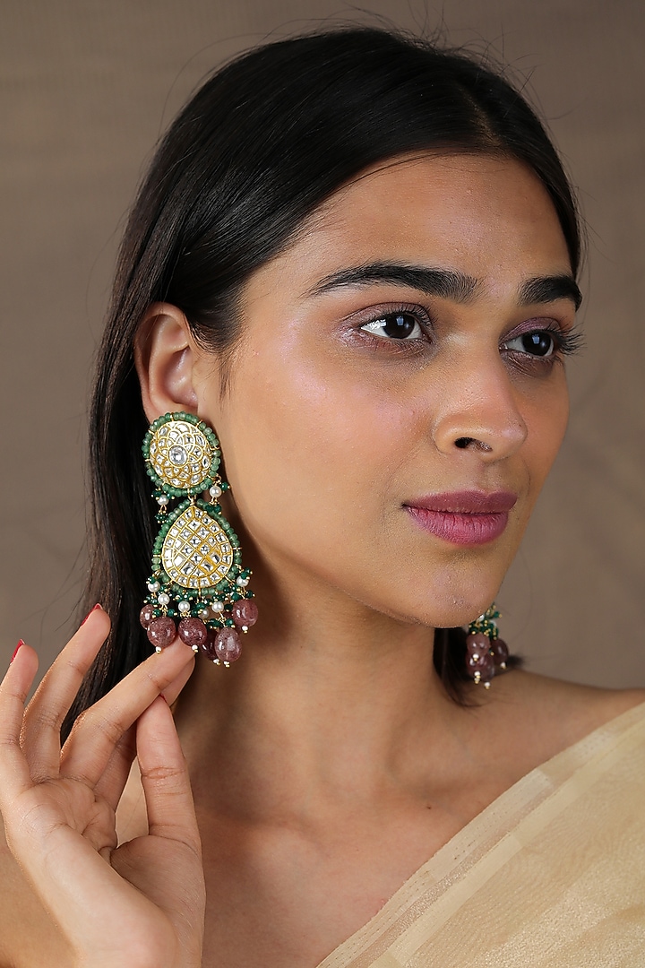 Gold Plated Jadau & Emerald Beaded Necklace Set by Riana Jewellery at Pernia's Pop Up Shop