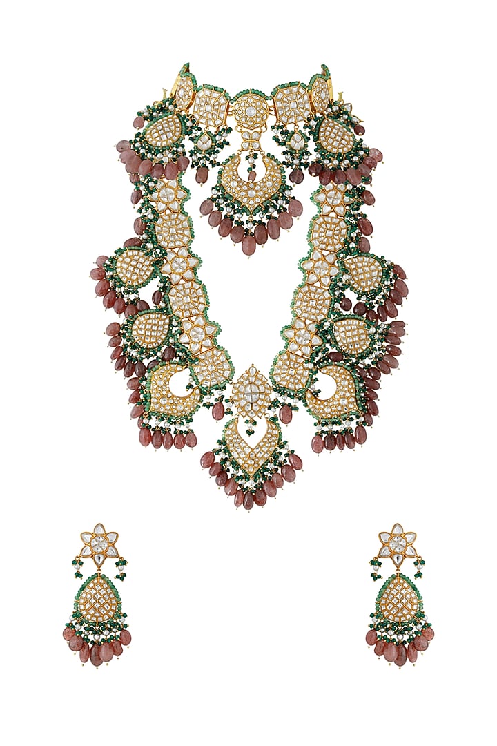 Gold Finish Mozanite Stone & Beaded Layered Necklace Set by Riana Jewellery at Pernia's Pop Up Shop