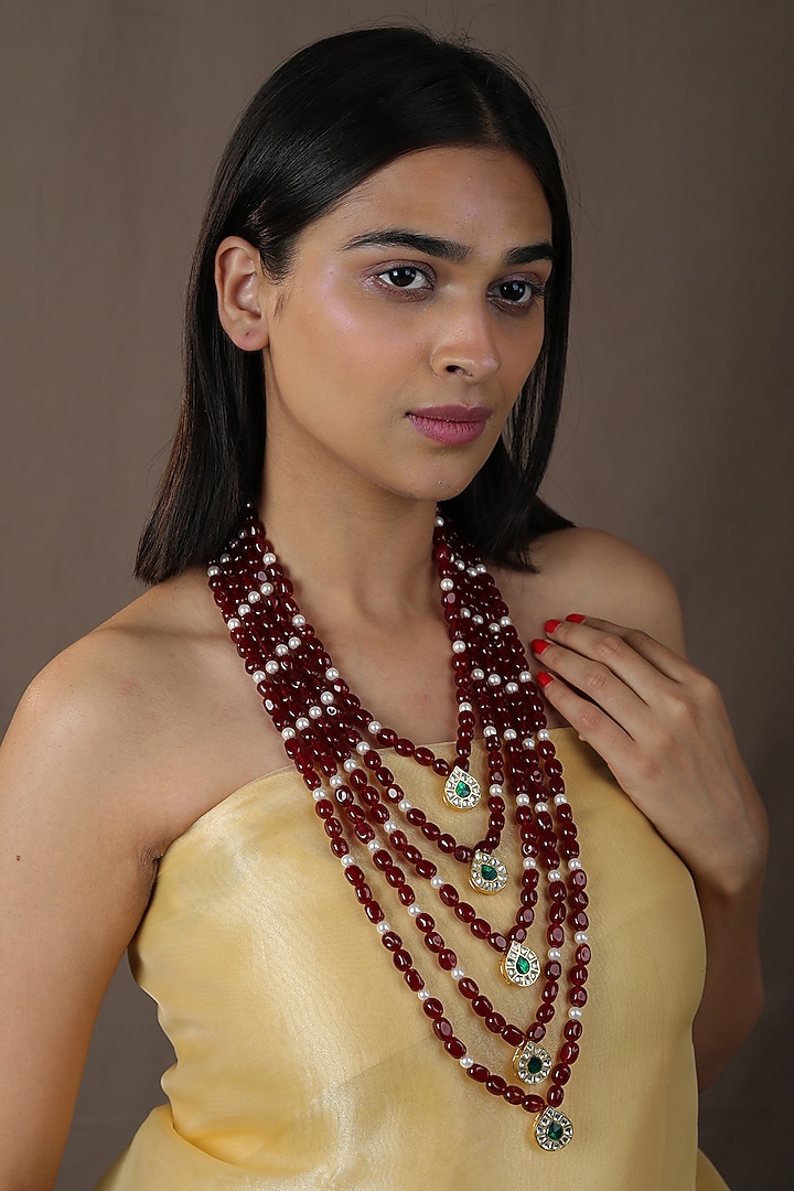 Gold Finish Emerald Layered Necklace by Riana Jewellery at Pernia's Pop Up Shop