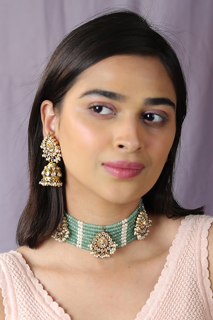 Gold Finish Jadau & Pearl Choker Necklace Set by Riana Jewellery at Pernia's Pop Up Shop