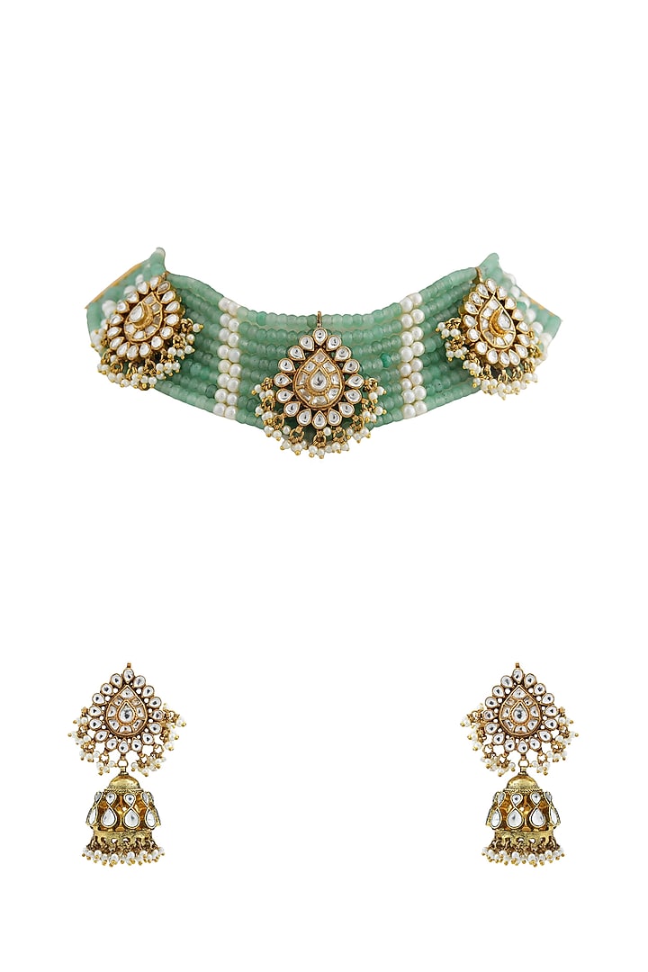 Gold Finish Jadau & Pearl Choker Necklace Set by Riana Jewellery at Pernia's Pop Up Shop