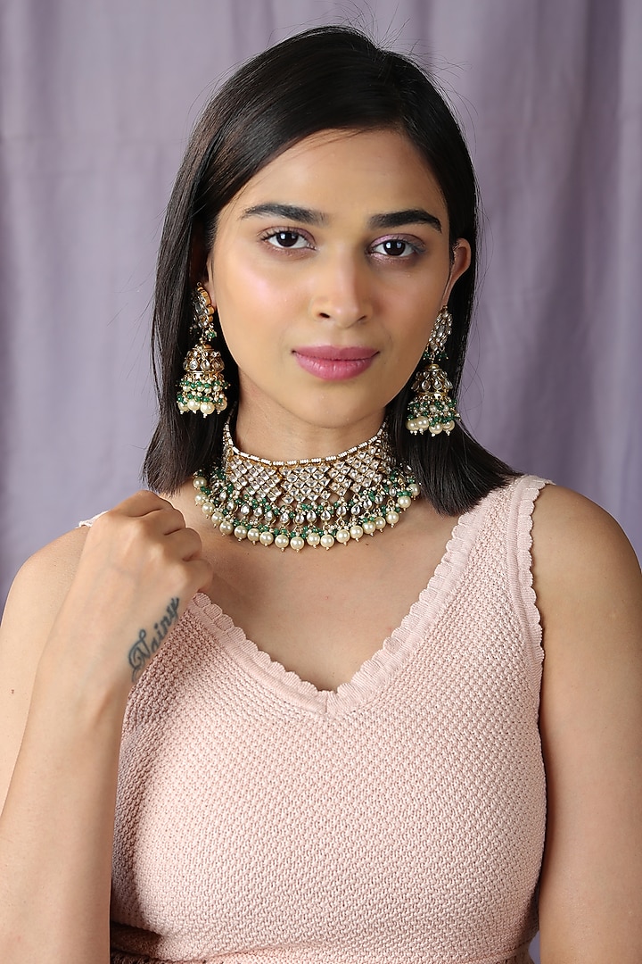 Gold Finish Jadau & Pearl Choker Necklace Set by Riana Jewellery at Pernia's Pop Up Shop