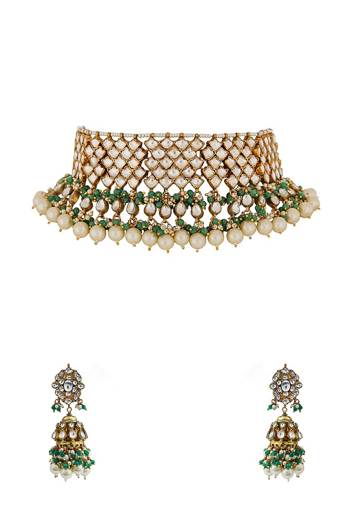 Gold Finish Jadau & Pearl Choker Necklace Set by Riana Jewellery at Pernia's Pop Up Shop