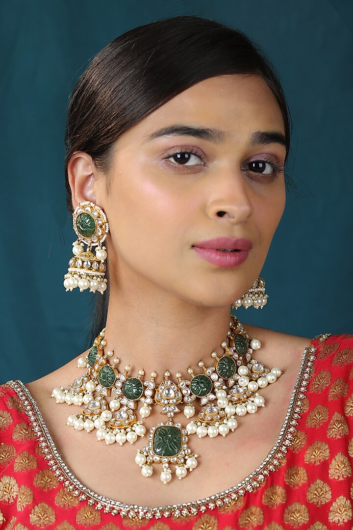Gold Finish Mozanite & Carved Stone Necklace Set by Riana Jewellery at Pernia's Pop Up Shop