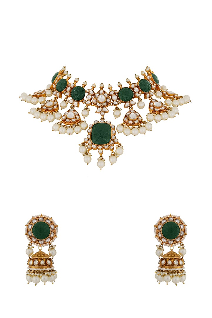 Gold Finish Mozanite & Carved Stone Necklace Set by Riana Jewellery at Pernia's Pop Up Shop