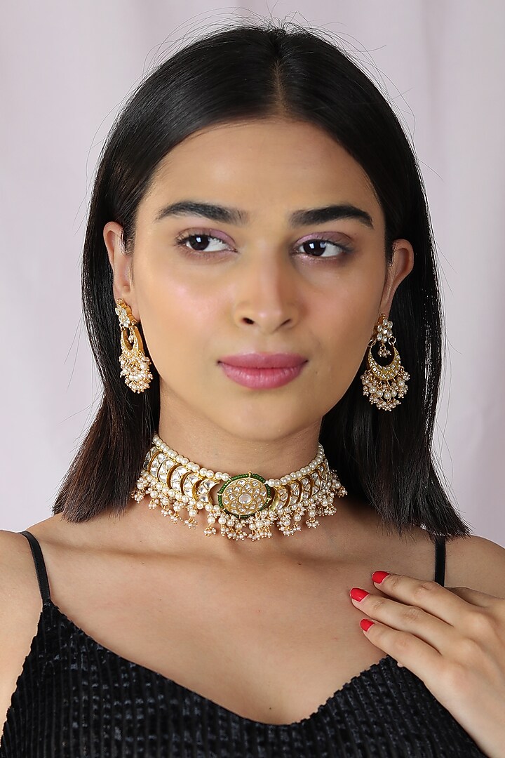 Gold Finish Jadau & Pearl Choker Necklace Set by Riana Jewellery at Pernia's Pop Up Shop
