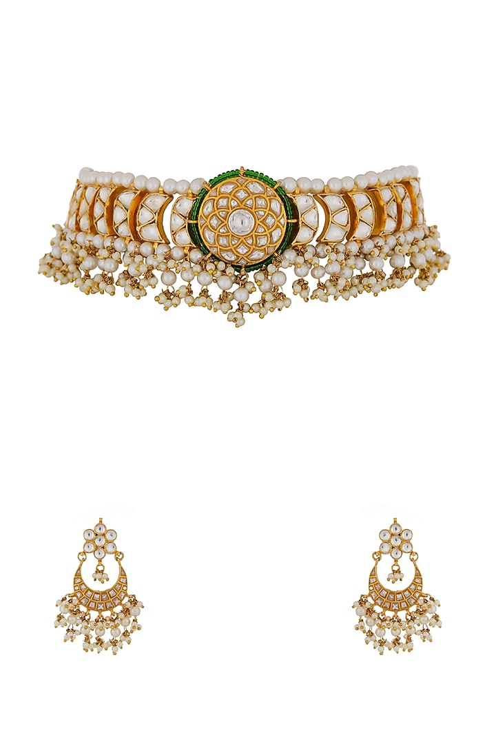 Gold Finish Jadau & Pearl Choker Necklace Set by Riana Jewellery at Pernia's Pop Up Shop