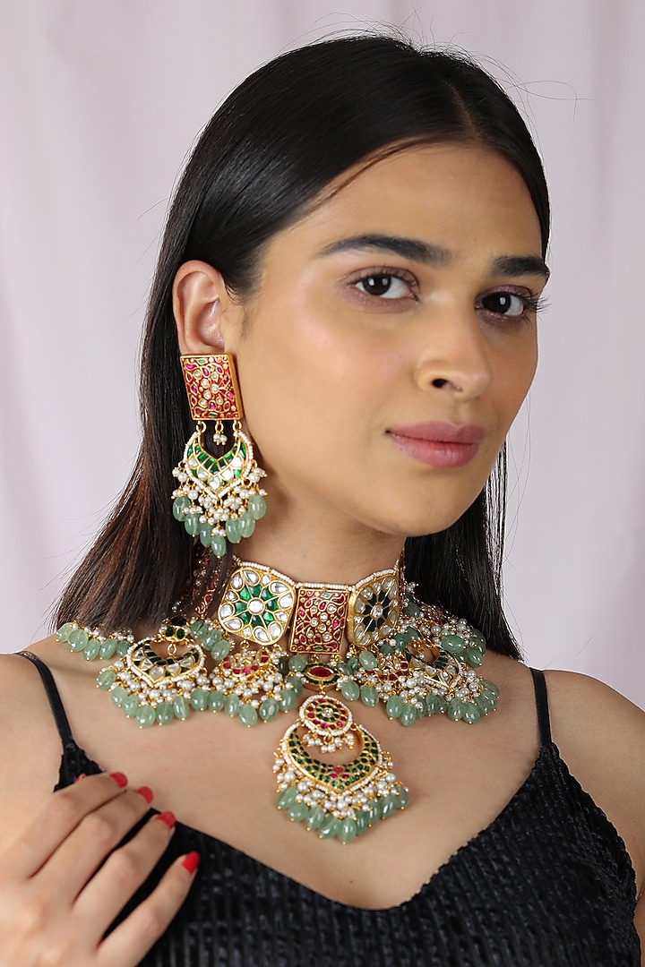 Gold Finish Jadau & Pearl Choker Necklace Set by Riana Jewellery at Pernia's Pop Up Shop