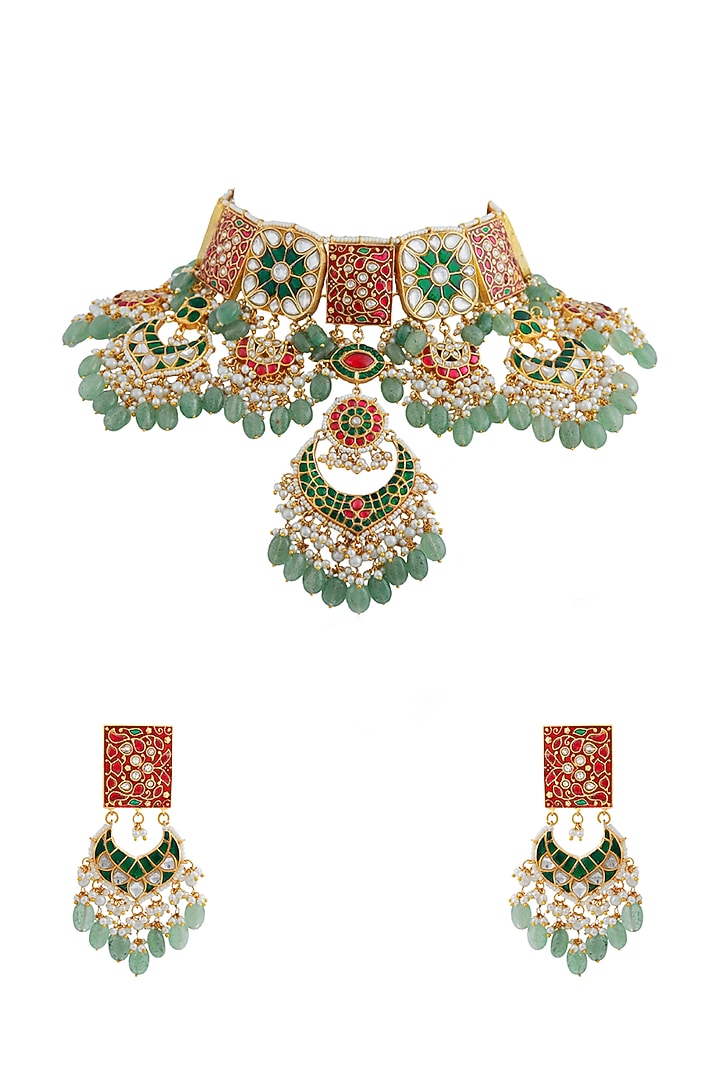 Gold Finish Jadau & Pearl Choker Necklace Set by Riana Jewellery at Pernia's Pop Up Shop