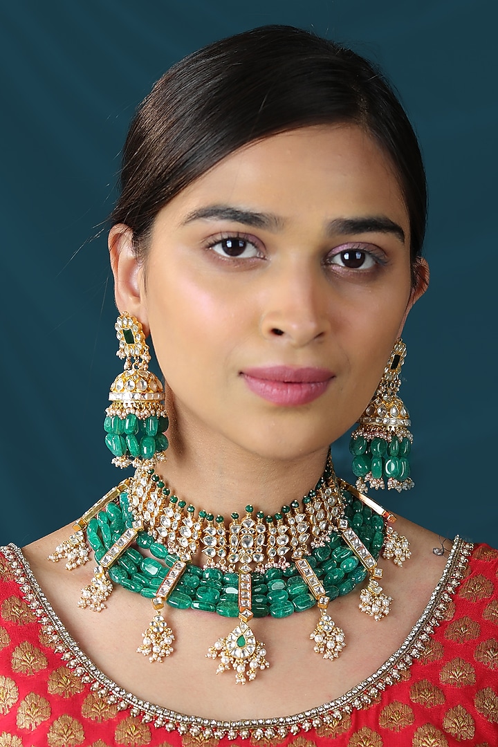 Gold Finish Jadau & Pearl Choker Necklace Set by Riana Jewellery at Pernia's Pop Up Shop