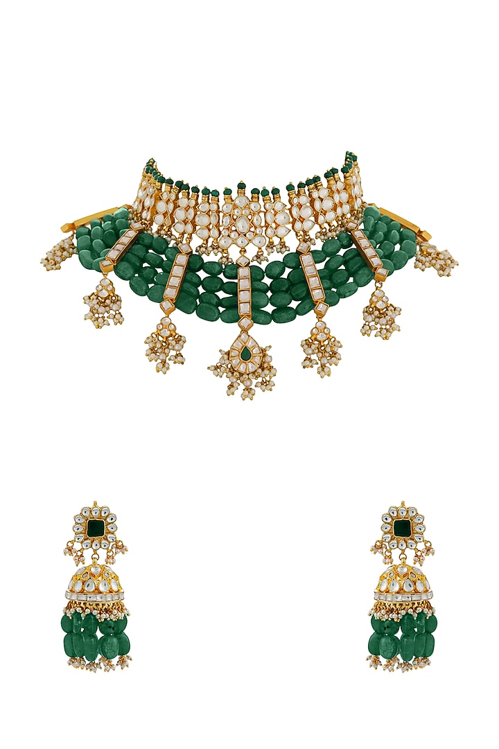 Gold Finish Jadau & Pearl Choker Necklace Set by Riana Jewellery at Pernia's Pop Up Shop
