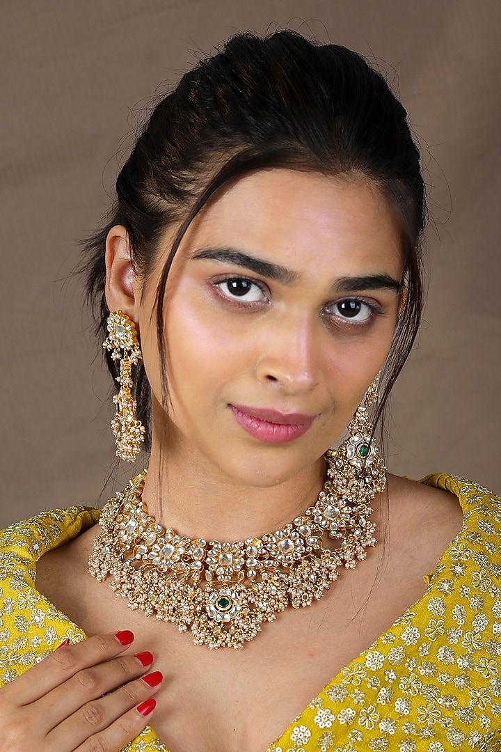 Gold Finish Jadau & Pearl Necklace Set by Riana Jewellery at Pernia's Pop Up Shop