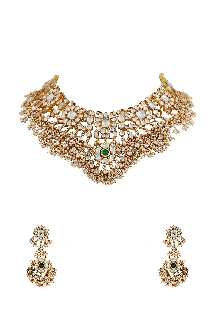 Gold Finish Jadau & Pearl Necklace Set by Riana Jewellery at Pernia's Pop Up Shop