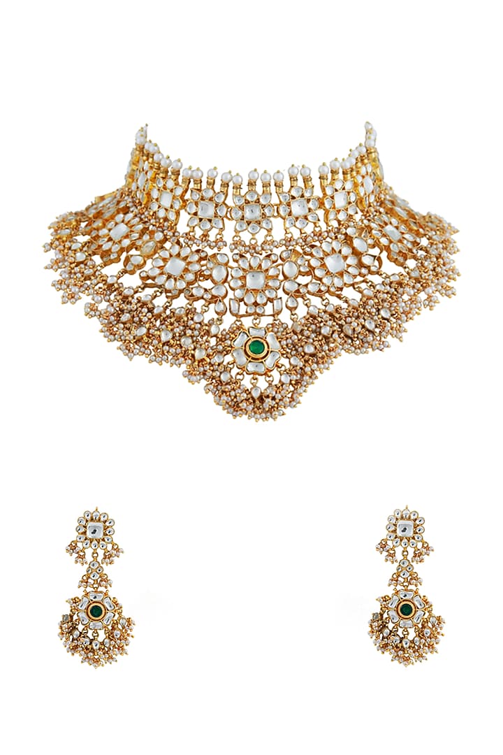 Gold Plated Jadau & Pearl Choker Necklace Set by Riana Jewellery at Pernia's Pop Up Shop