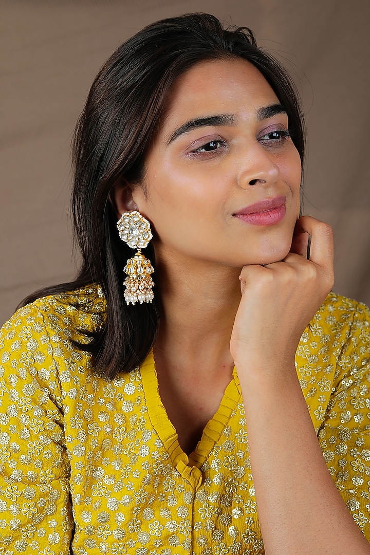 Gold Finish Jadau & Pearl Jhumka Earrings by Riana Jewellery at Pernia's Pop Up Shop