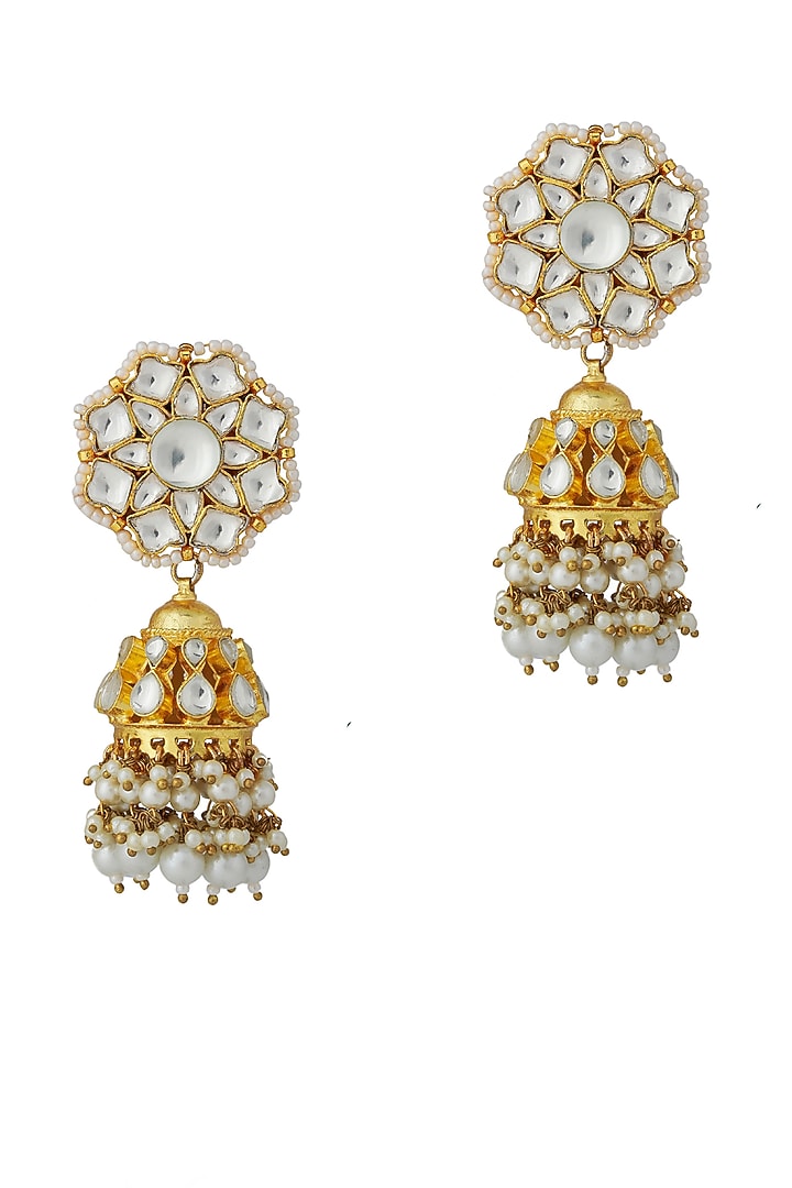 Gold Finish Jadau & Pearl Jhumka Earrings by Riana Jewellery at Pernia's Pop Up Shop