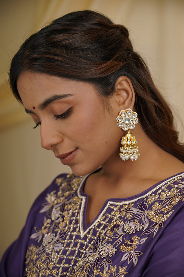 Gold Finish Jadau & Pearl Jhumka Earrings by Riana Jewellery at Pernia's Pop Up Shop