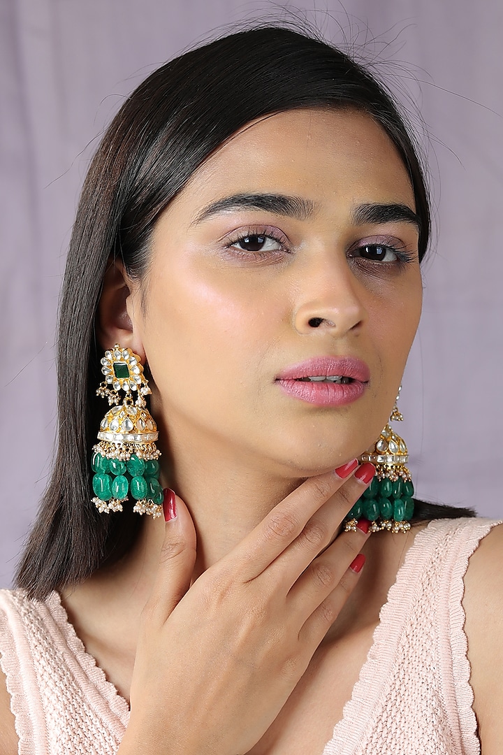Gold Finish Jadau & Pearl Jhumka Earrings by Riana Jewellery at Pernia's Pop Up Shop