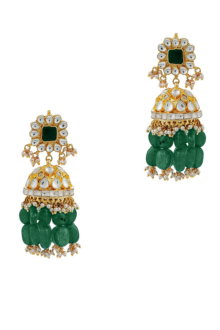 Gold Finish Jadau & Pearl Jhumka Earrings by Riana Jewellery at Pernia's Pop Up Shop
