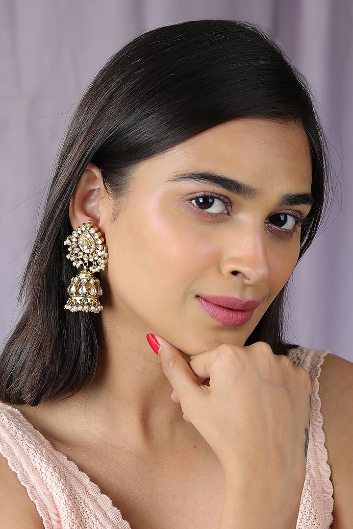 Gold Finish Jadau & Pearl Jhumka Earrings by Riana Jewellery at Pernia's Pop Up Shop