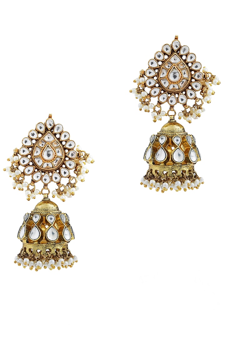 Gold Finish Jadau & Pearl Jhumka Earrings by Riana Jewellery at Pernia's Pop Up Shop