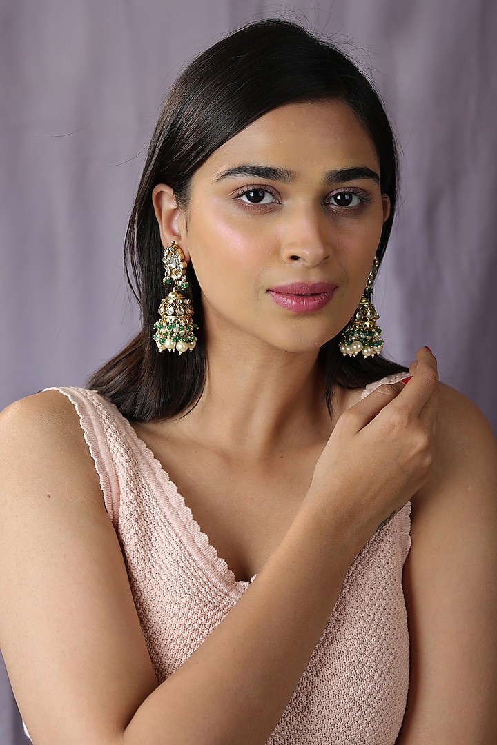 Gold Finish Jadau & Pearl Jhumka Earrings by Riana Jewellery at Pernia's Pop Up Shop