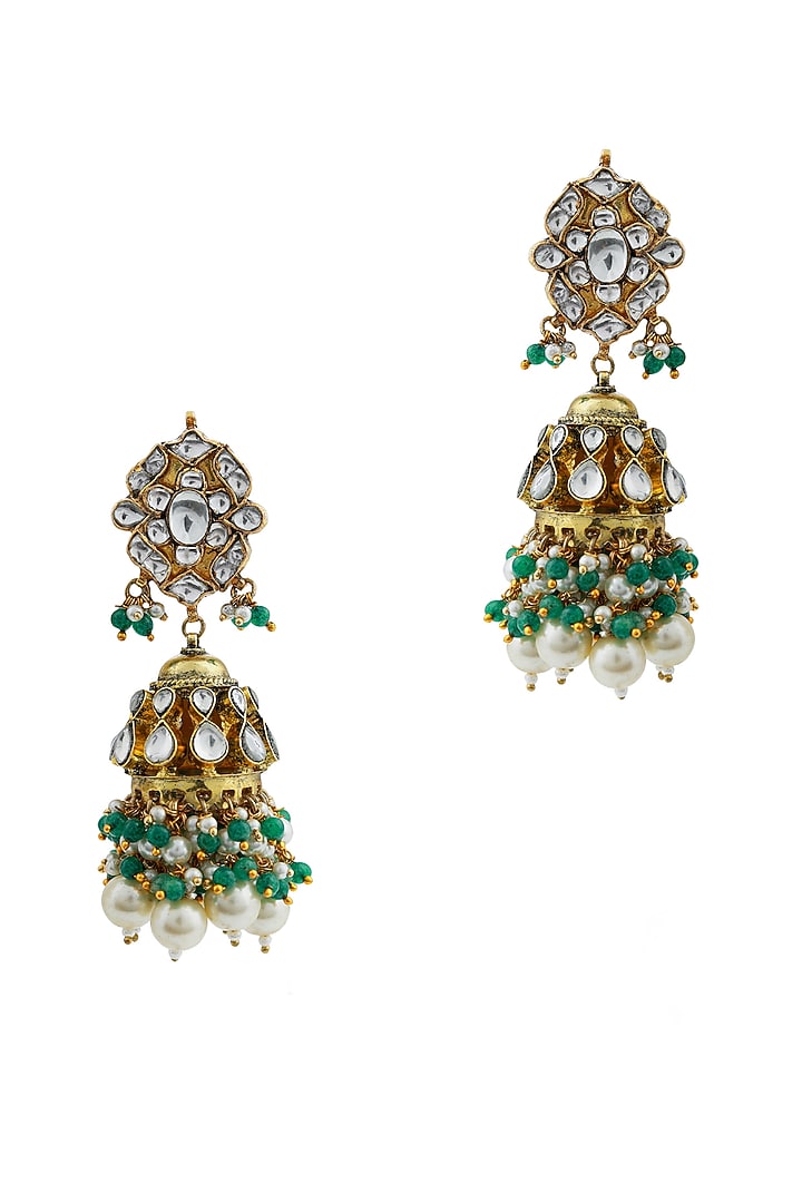 Gold Finish Jadau & Pearl Jhumka Earrings by Riana Jewellery at Pernia's Pop Up Shop