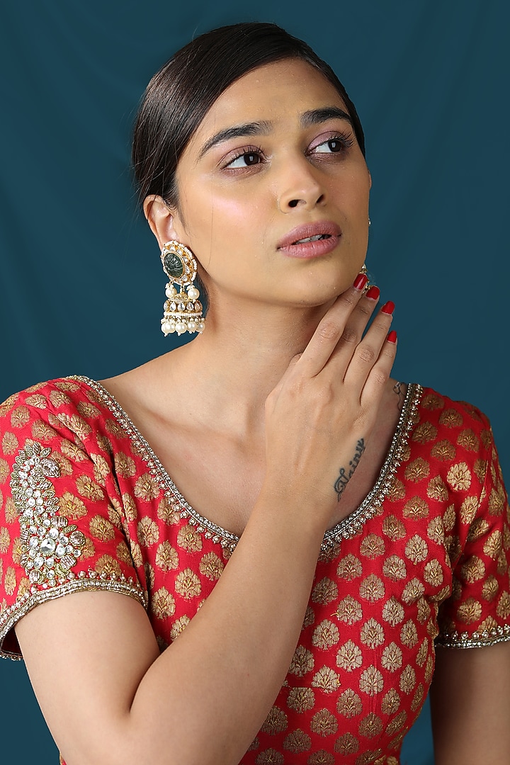 Gold Finish Jadau & Pearl Jhumka Earrings by Riana Jewellery at Pernia's Pop Up Shop