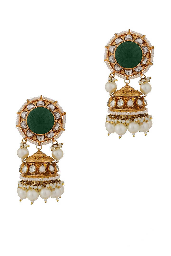 Gold Finish Jadau & Pearl Jhumka Earrings by Riana Jewellery at Pernia's Pop Up Shop