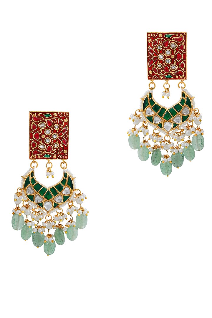 Gold Finish Jadau & Pearl Meenakari Dangler Earrings by Riana Jewellery at Pernia's Pop Up Shop