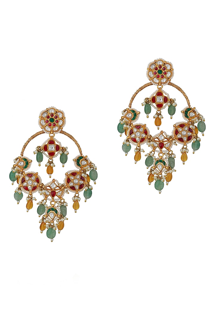 Gold Finish Jadau & Pearl Chandbaali Earrings by Riana Jewellery at Pernia's Pop Up Shop