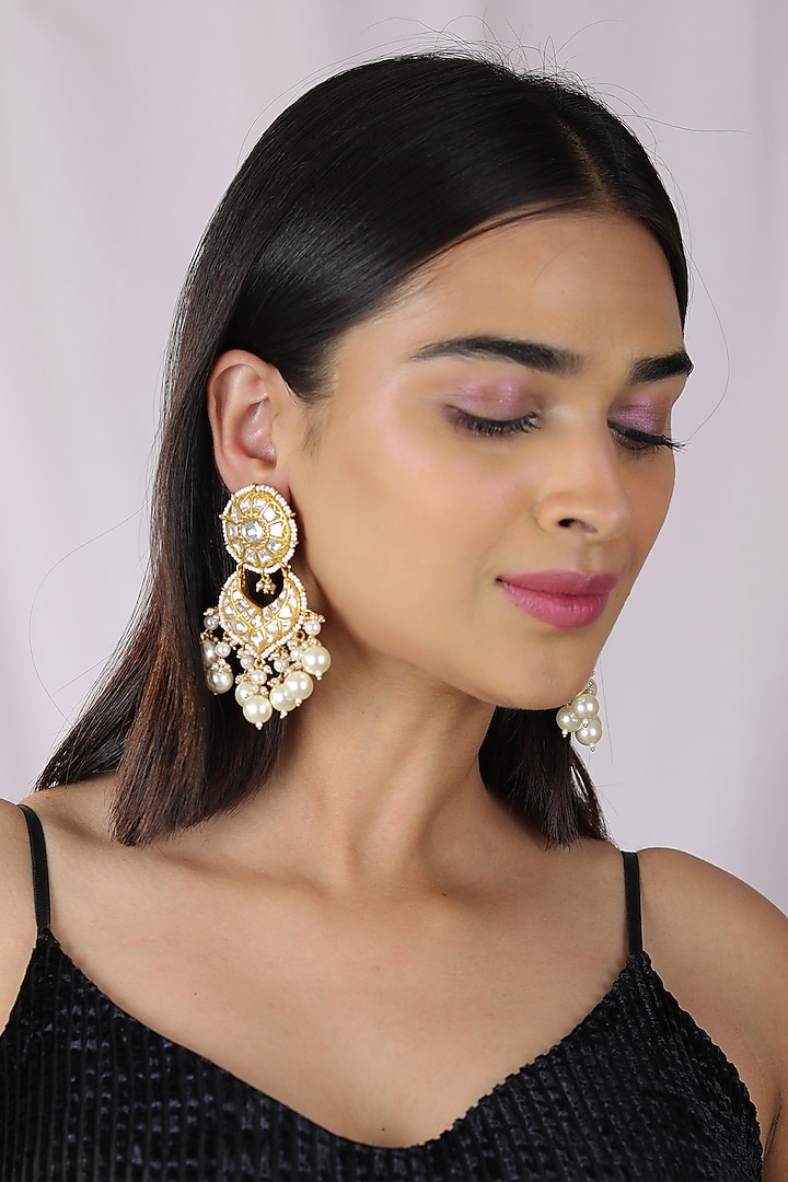 Gold Finish Jadau & Pearl Dangler Earrings by Riana Jewellery at Pernia's Pop Up Shop