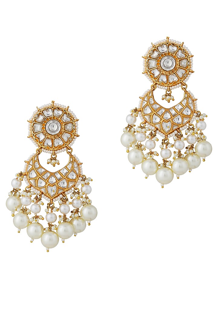 Gold Finish Jadau & Pearl Dangler Earrings by Riana Jewellery at Pernia's Pop Up Shop