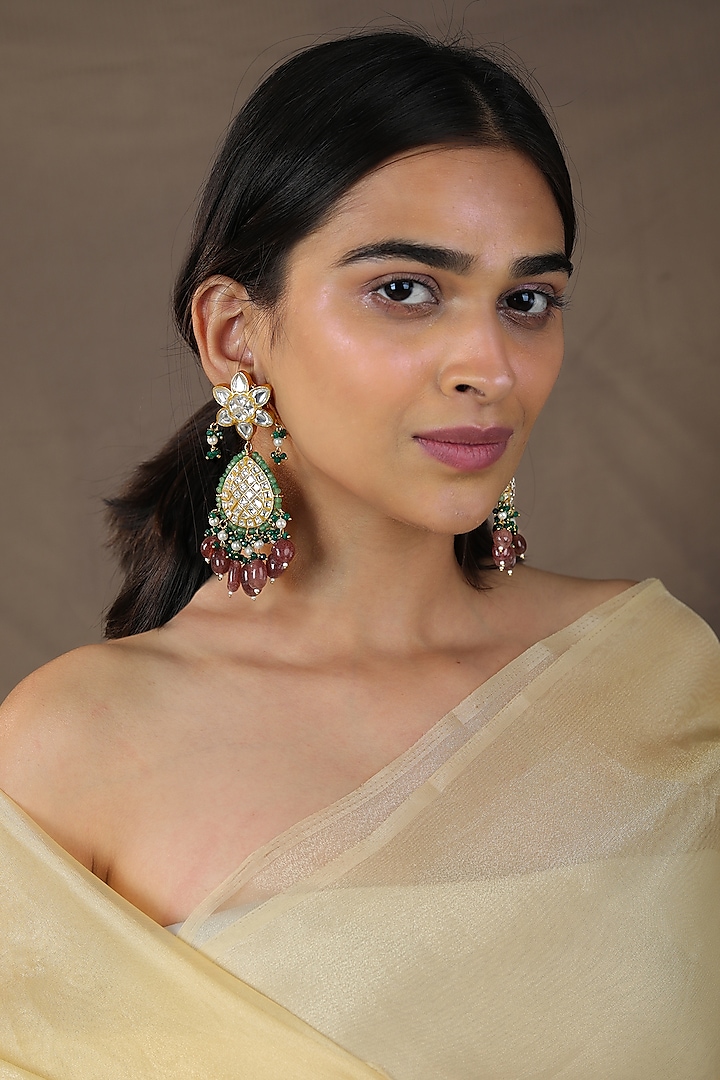 Gold Plated Jadau & Pearl Chandbaali Earrings by Riana Jewellery at Pernia's Pop Up Shop