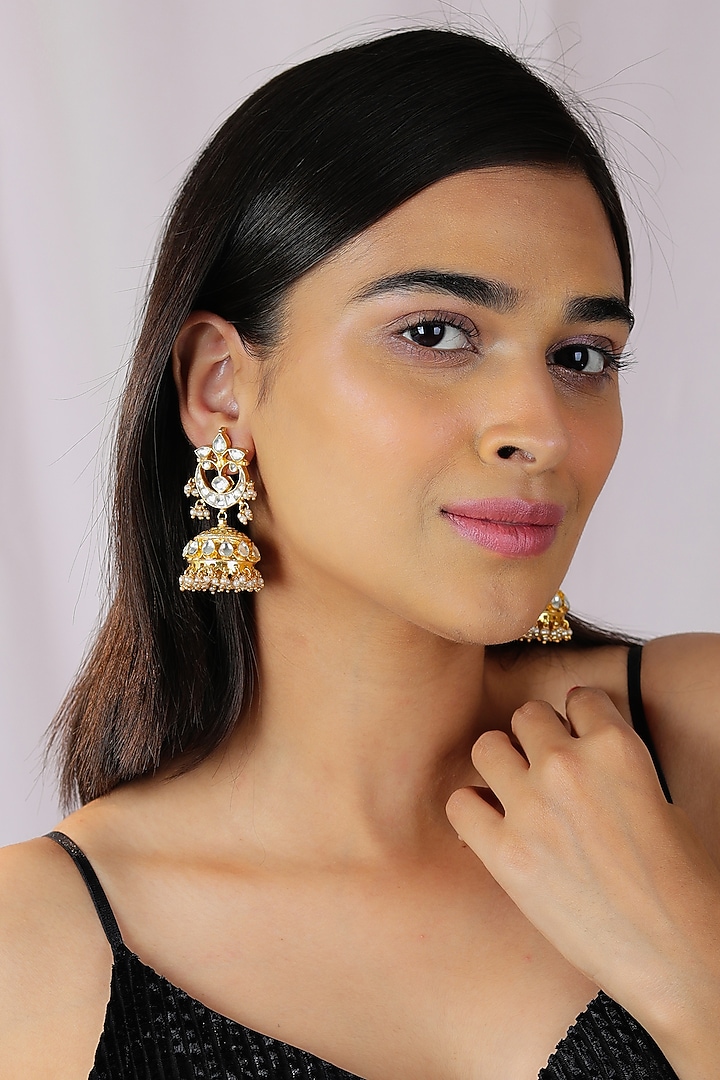 Gold Finish Jadau & Pearl Jhumka Earrings by Riana Jewellery at Pernia's Pop Up Shop