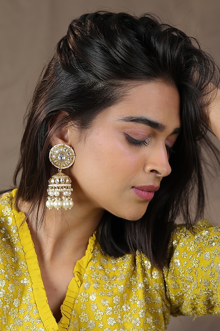 Gold Finish Jadau & Pearl Jhumka Earrings by Riana Jewellery at Pernia's Pop Up Shop