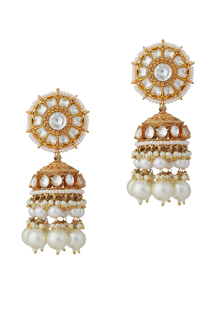 Gold Finish Jadau & Pearl Jhumka Earrings by Riana Jewellery at Pernia's Pop Up Shop