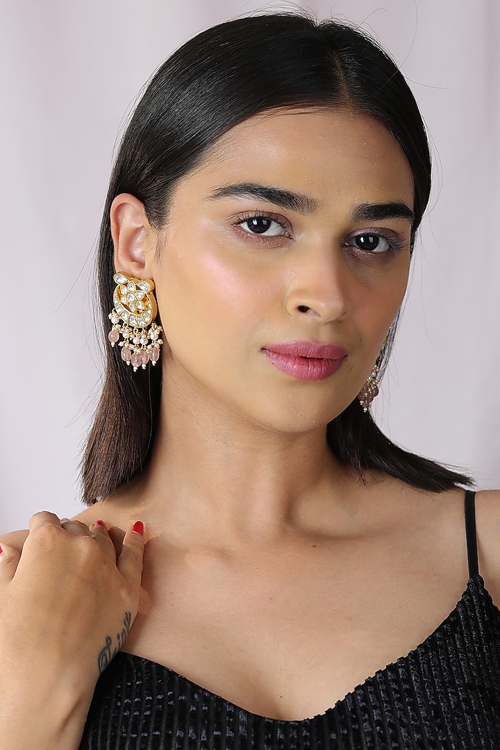 Gold Finish Jadau & Glass Beaded Dangler Earrings by Riana Jewellery at Pernia's Pop Up Shop