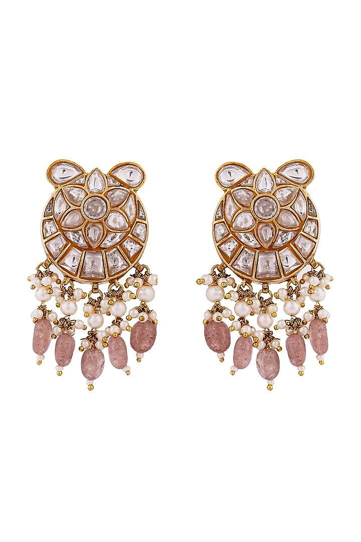 Gold Finish Jadau & Glass Beaded Dangler Earrings by Riana Jewellery at Pernia's Pop Up Shop