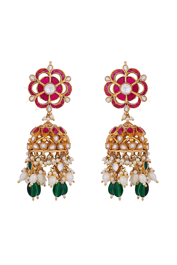 Gold Finish Jadau & Pearl Jhumka Earrings by Riana Jewellery at Pernia's Pop Up Shop