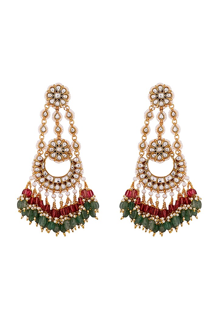 Gold Finish Jadau & Glass Beaded Dangler Earrings by Riana Jewellery at Pernia's Pop Up Shop