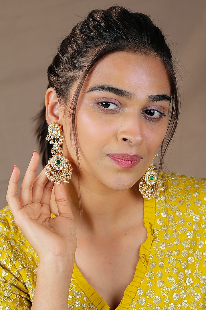 Gold Finish Jadau & Glass Beaded Dangler Earrings by Riana Jewellery at Pernia's Pop Up Shop