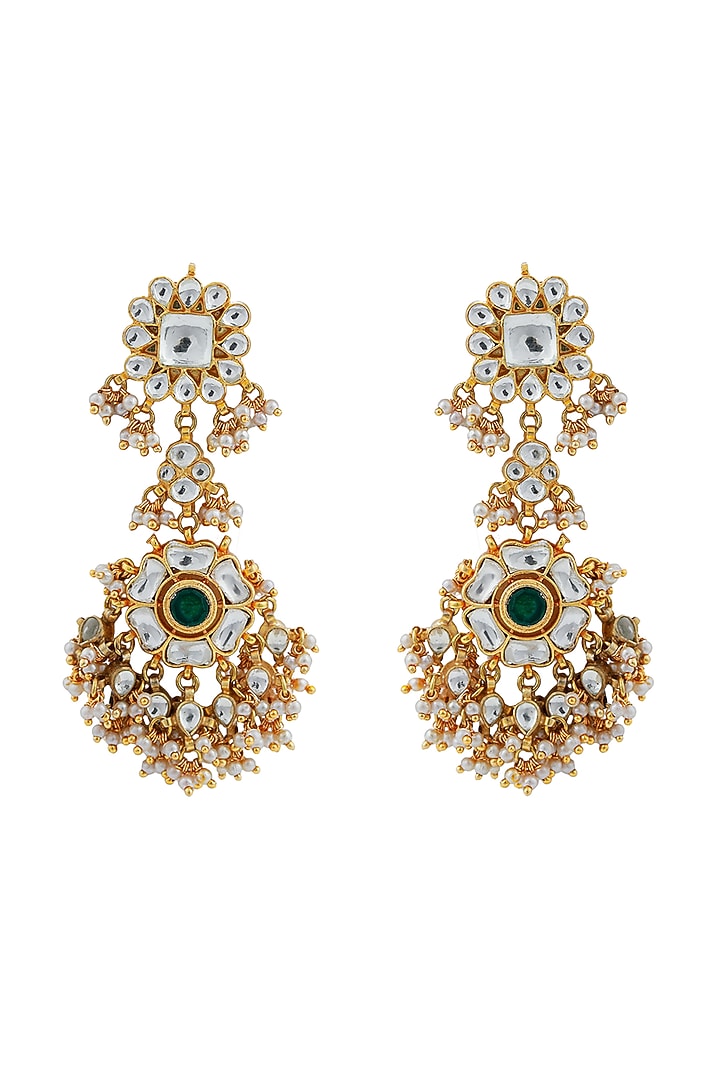 Gold Finish Jadau & Glass Beaded Dangler Earrings by Riana Jewellery at Pernia's Pop Up Shop
