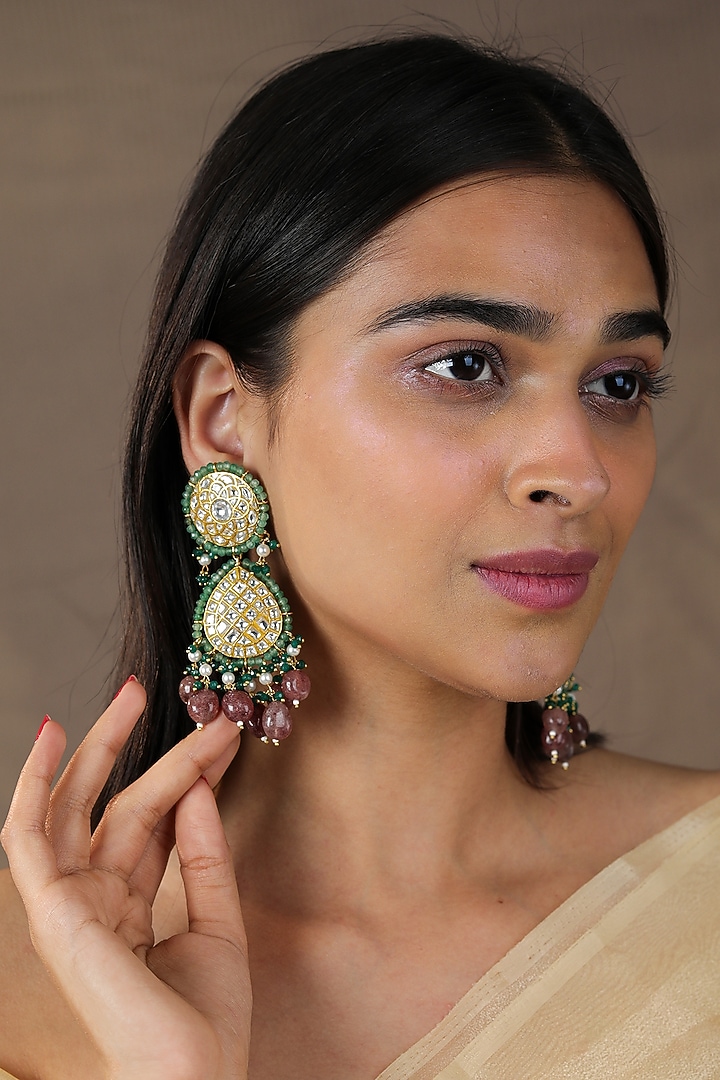 Gold Finish Jadau & Glass Beaded Dangler Earrings by Riana Jewellery at Pernia's Pop Up Shop