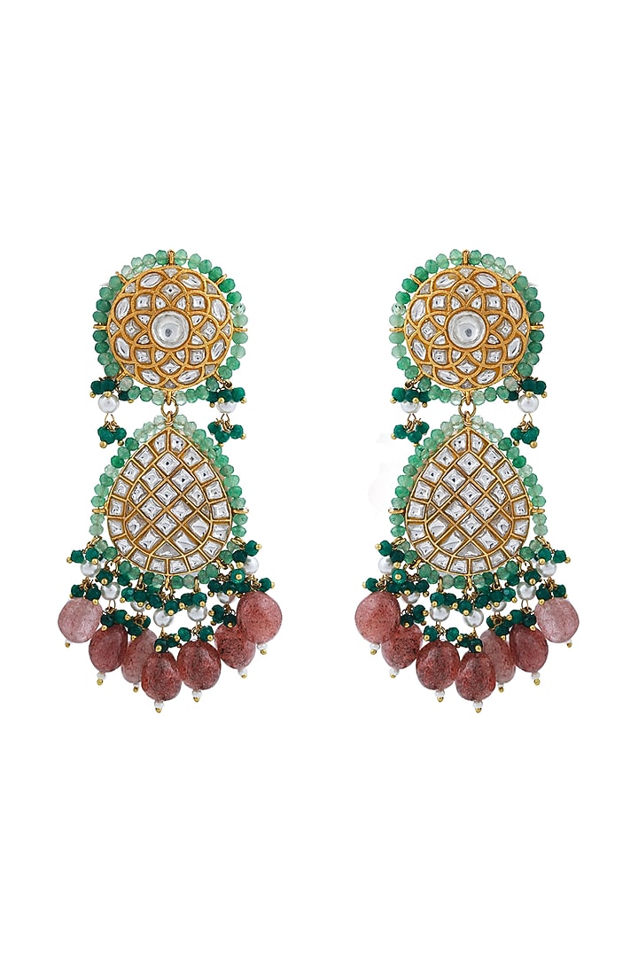 Gold Finish Jadau & Glass Beaded Dangler Earrings by Riana Jewellery at Pernia's Pop Up Shop