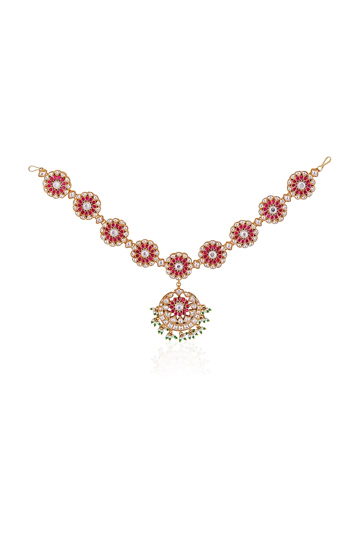 Gold Finish Jadau & Glass Beaded Mathapatti by Riana Jewellery at Pernia's Pop Up Shop