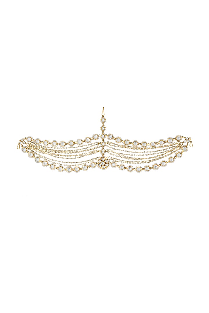 Gold Finish Jadau & Pearl Mathapatti by Riana Jewellery at Pernia's Pop Up Shop