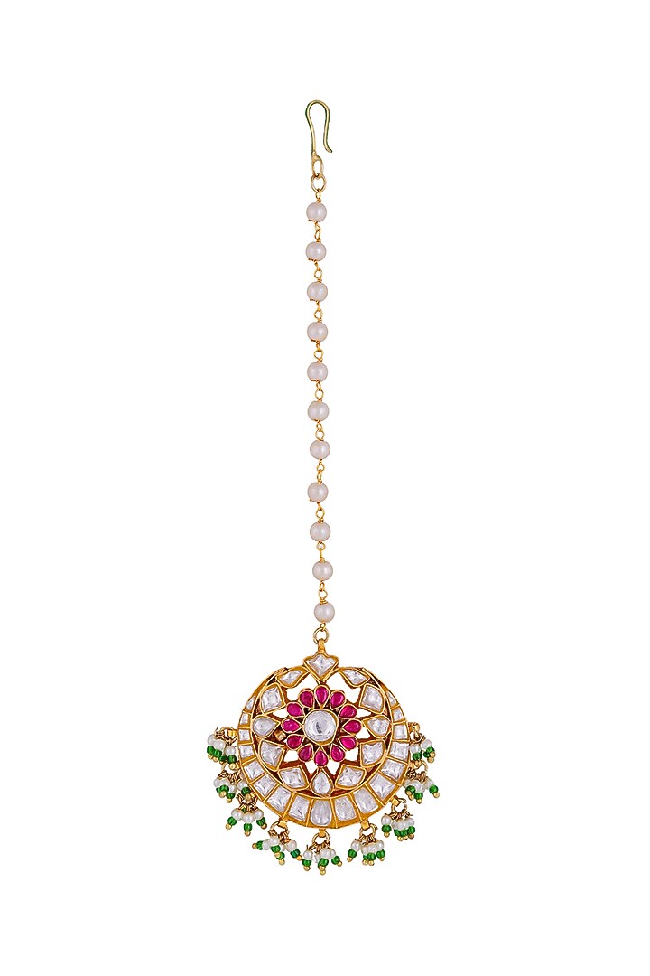 Gold Finish Jadau & Pearl Maangtikka by Riana Jewellery at Pernia's Pop Up Shop