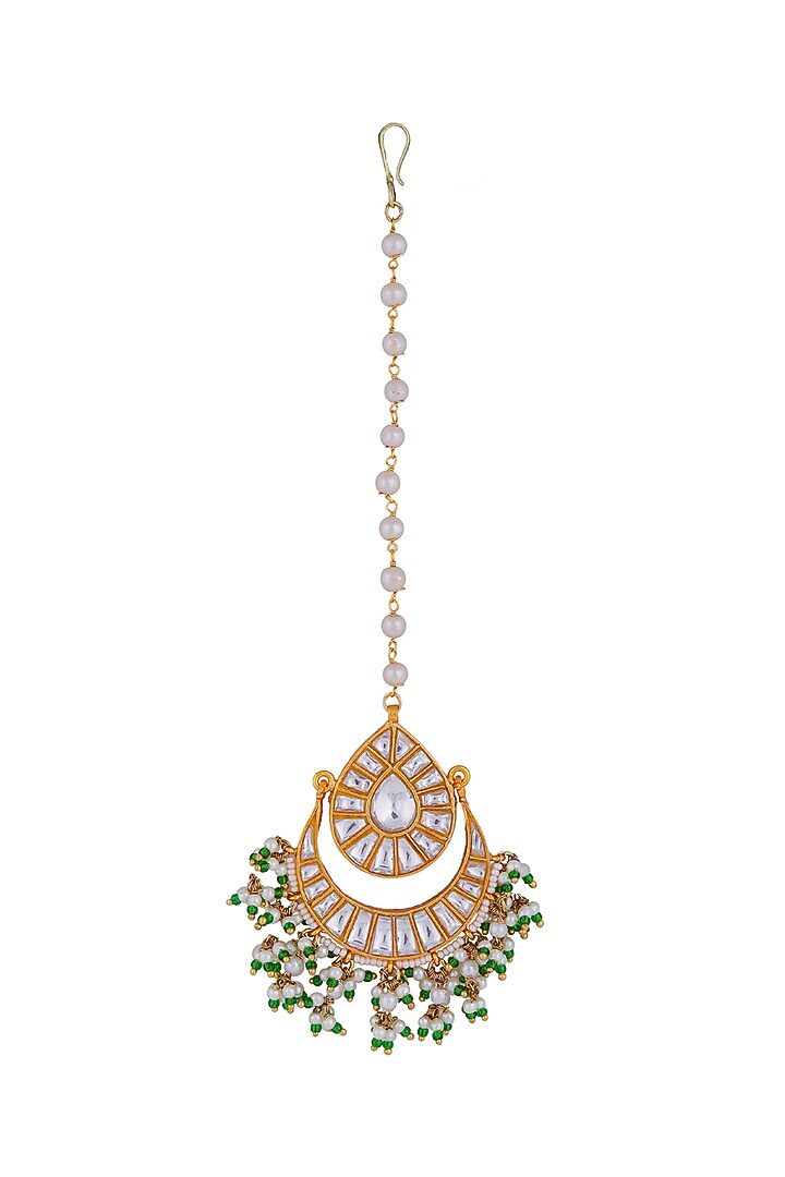 Gold Finish Jadau & Pearl Maangtikka by Riana Jewellery at Pernia's Pop Up Shop