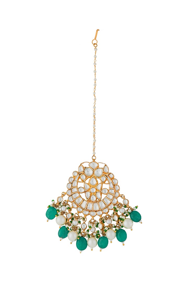 Gold Finish Jadau & Pearl Maangtikka by Riana Jewellery at Pernia's Pop Up Shop